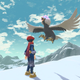 A Pokémon trainer greeting a bird at the top of a snowy mountain.